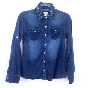 Justice Ombre Denim Shirt Rhinestone Size 16 Girls Kids Long Sleeve Button Down